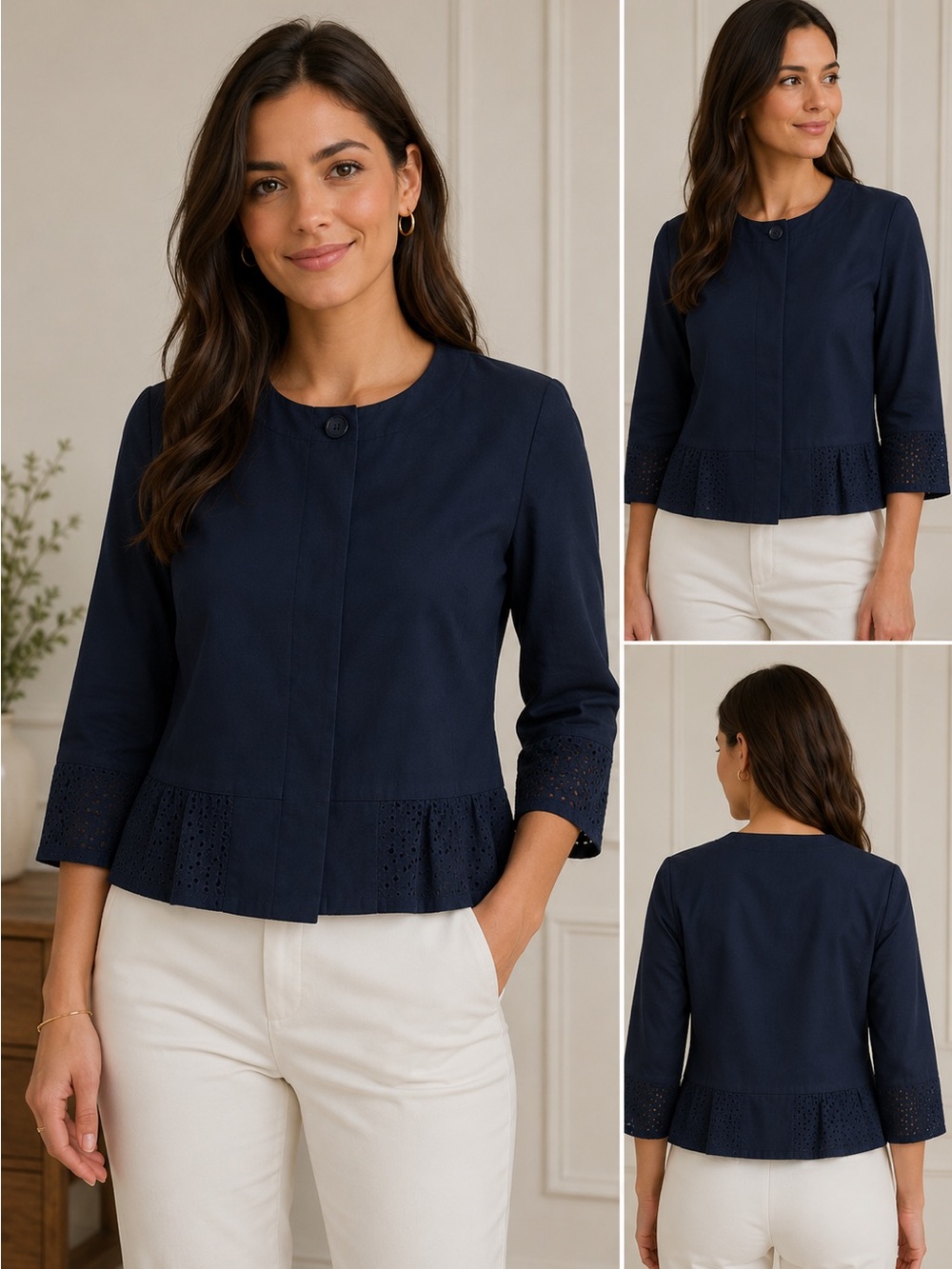 SAINT TROPEZ WEST 100% NAVY BLUE BLAZER 3/4 SLEEVE EYELET DETAIL SIZE SMALL